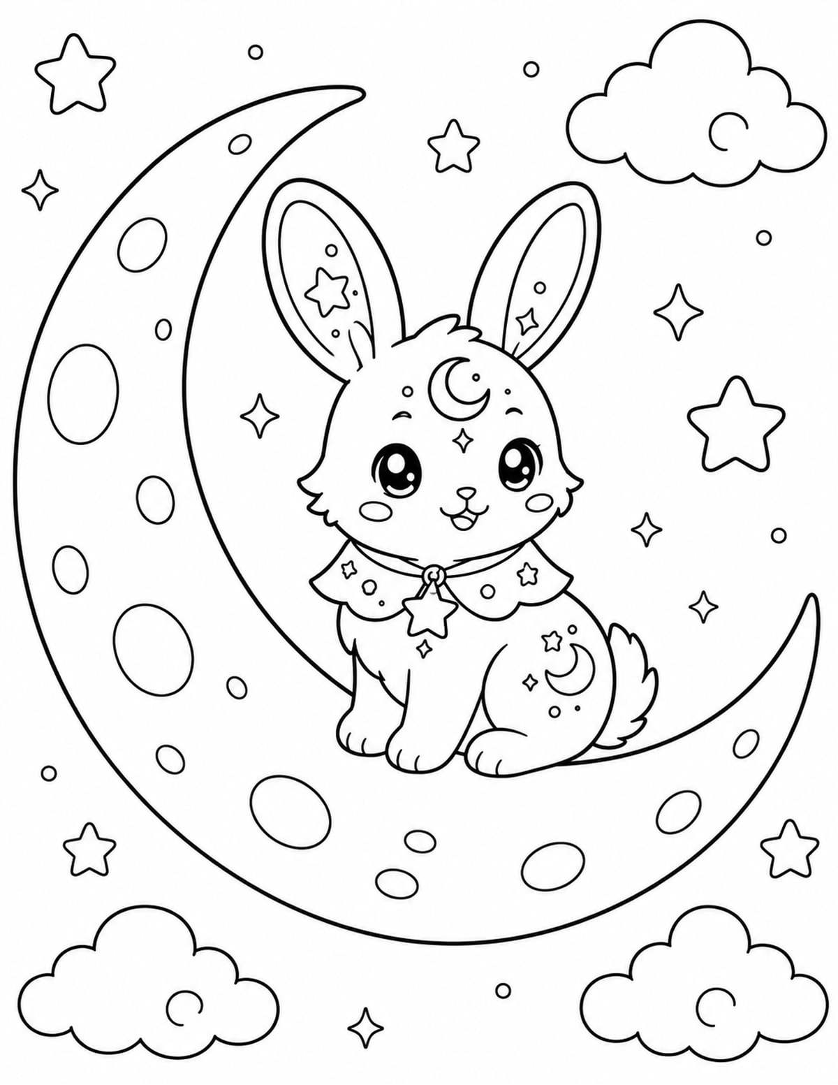 Cute Moon Rabbit Fantasy Creature Sitting on a Crescent Moon printable preview