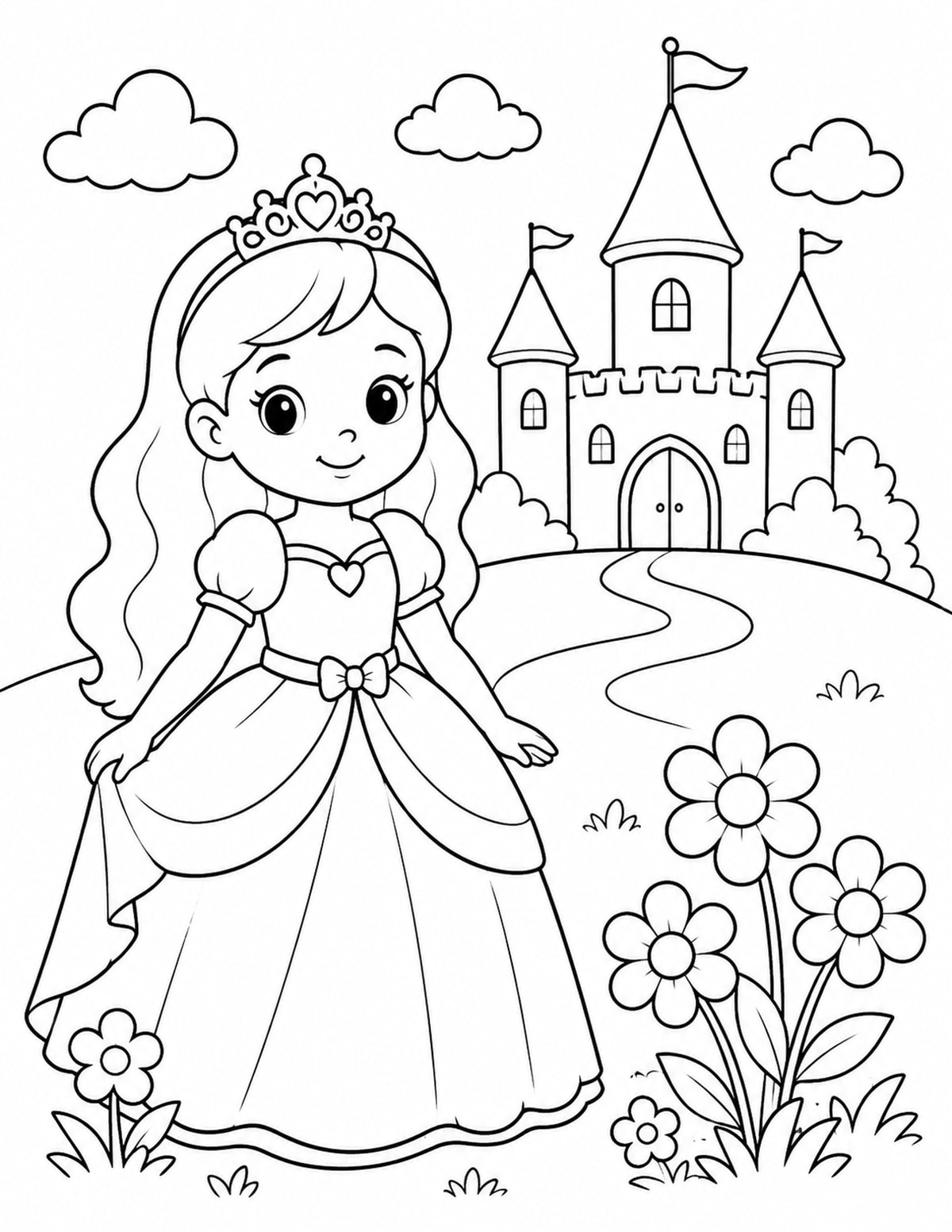 Cute Princess Standing in a Simple Gown beside Flowers and a Castle in the Background printable preview
