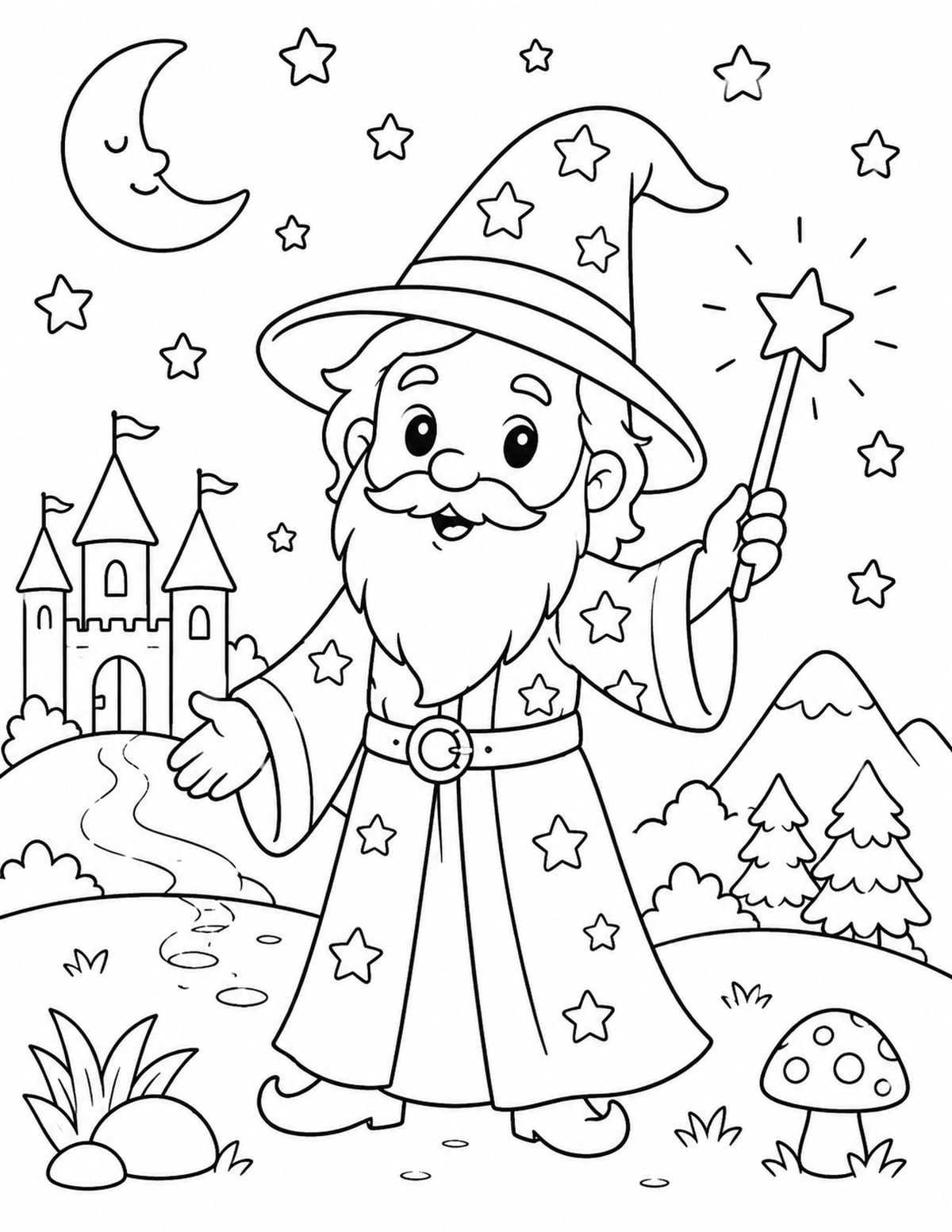 Cute Wizard Holding a Magic Wand printable preview