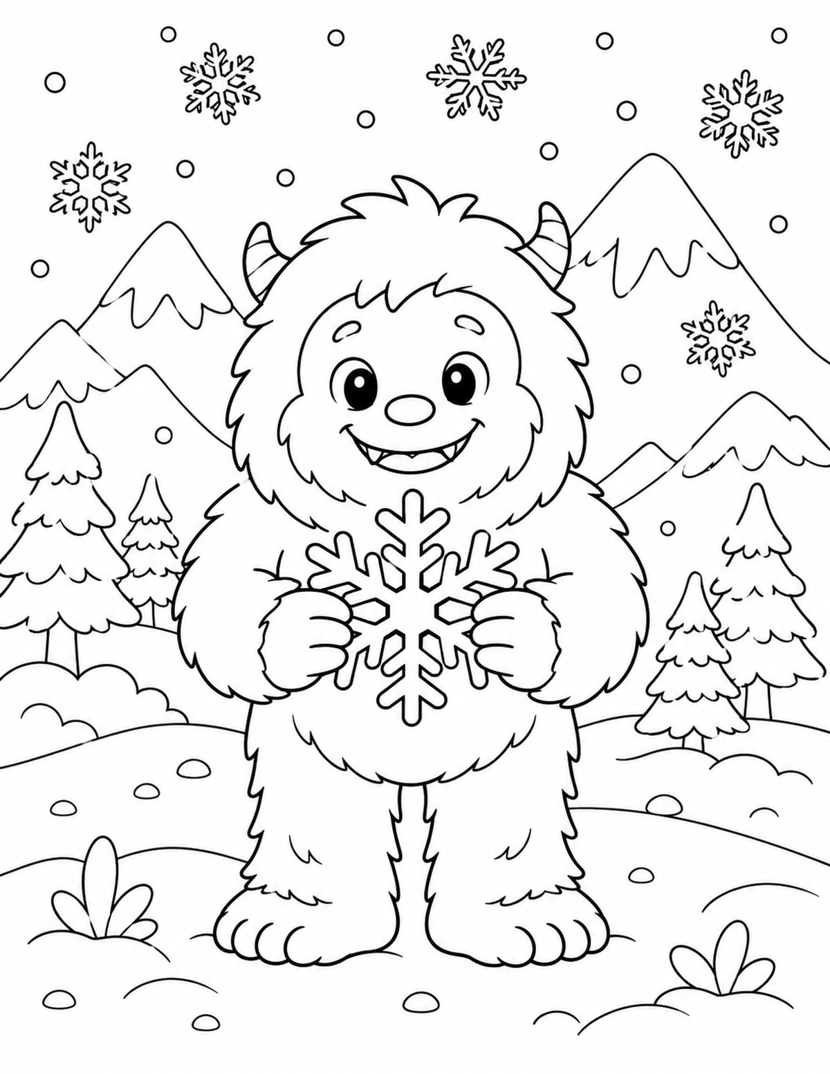 Cute Yeti Holding a Snowflake in a Snowy Mountain Scene printable preview