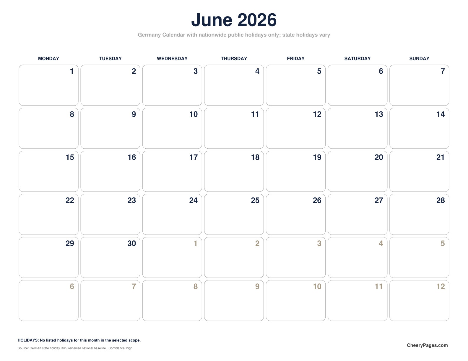 Germany June 2026 Calendar - Black and White Ink Saver printable preview