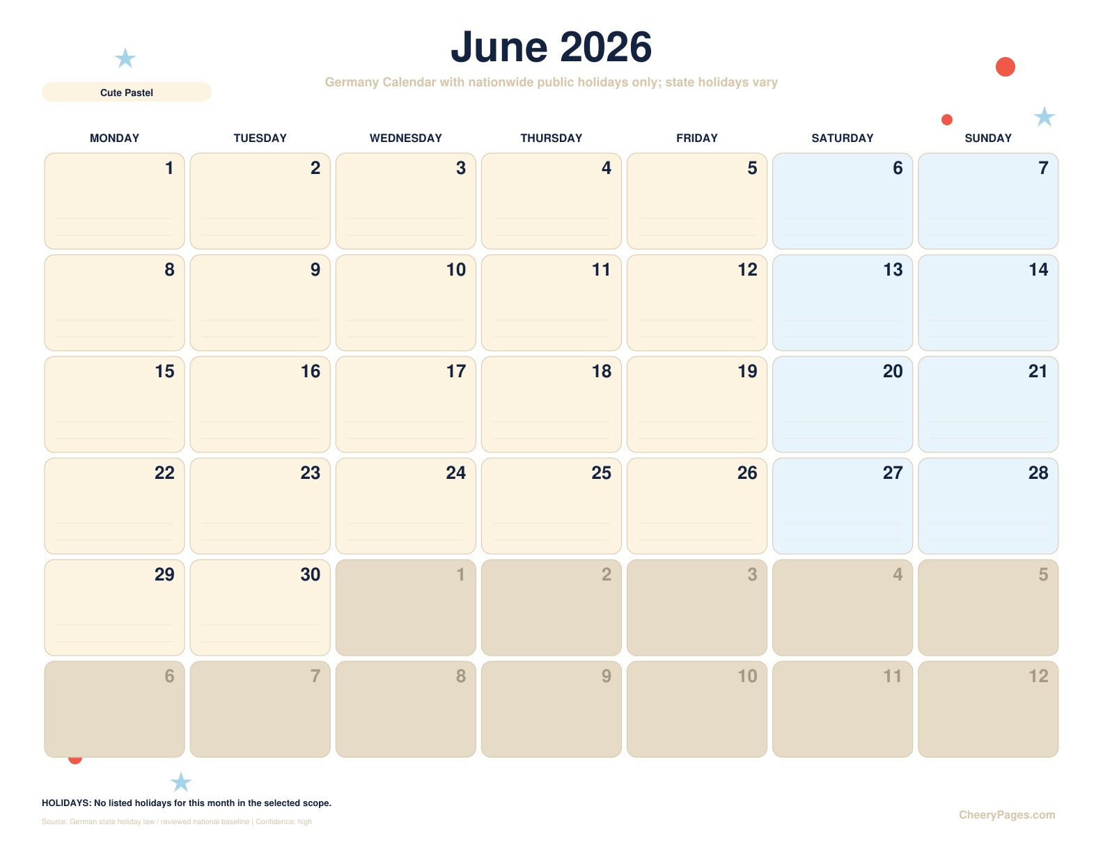 Germany June 2026 Calendar - Cute Pastel printable preview