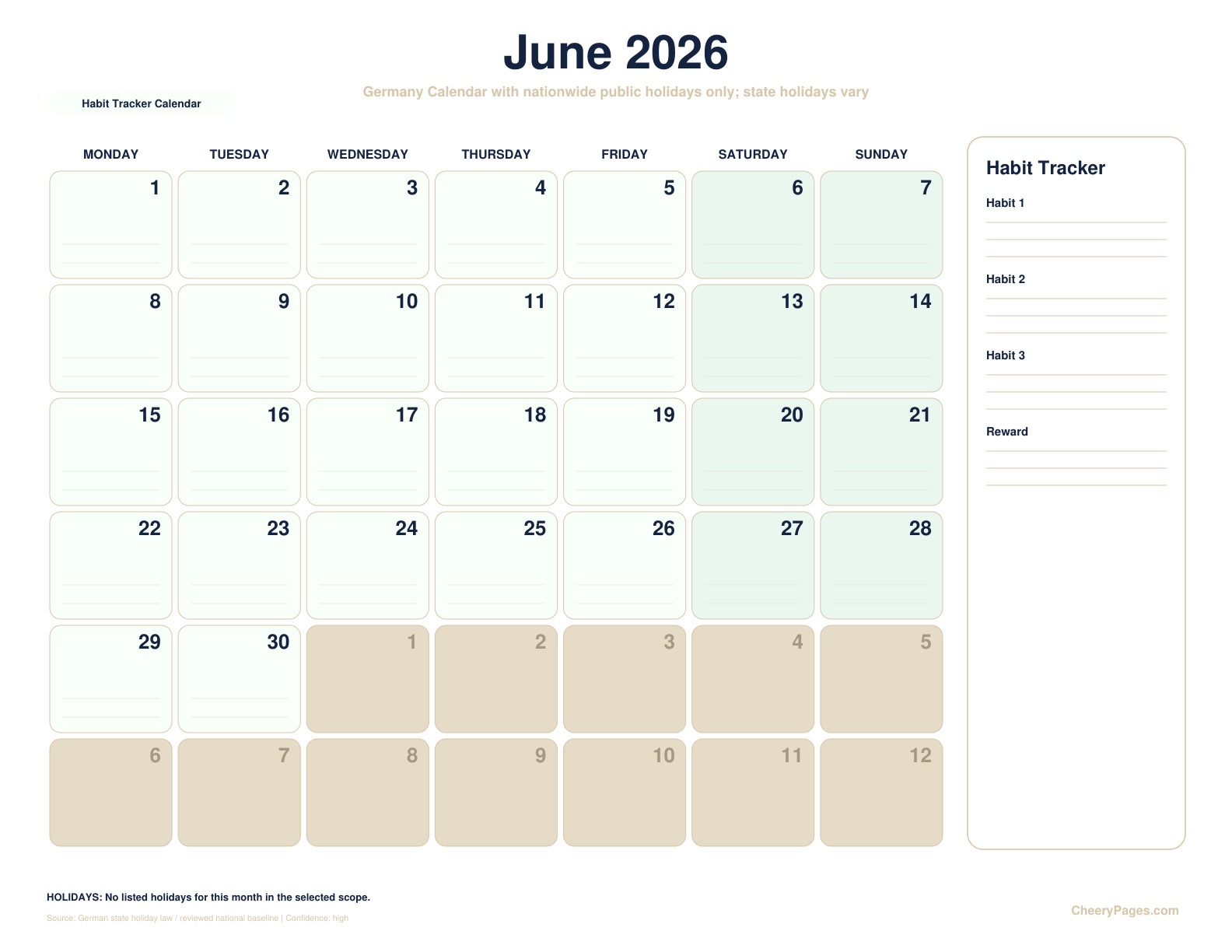 Germany June 2026 Calendar - Habit Tracker Calendar printable preview