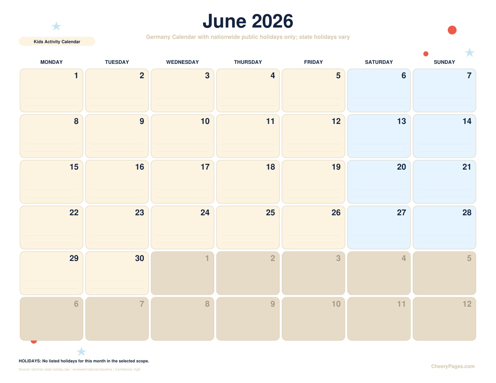 Germany June 2026 Calendar - Kids Activity Calendar printable preview