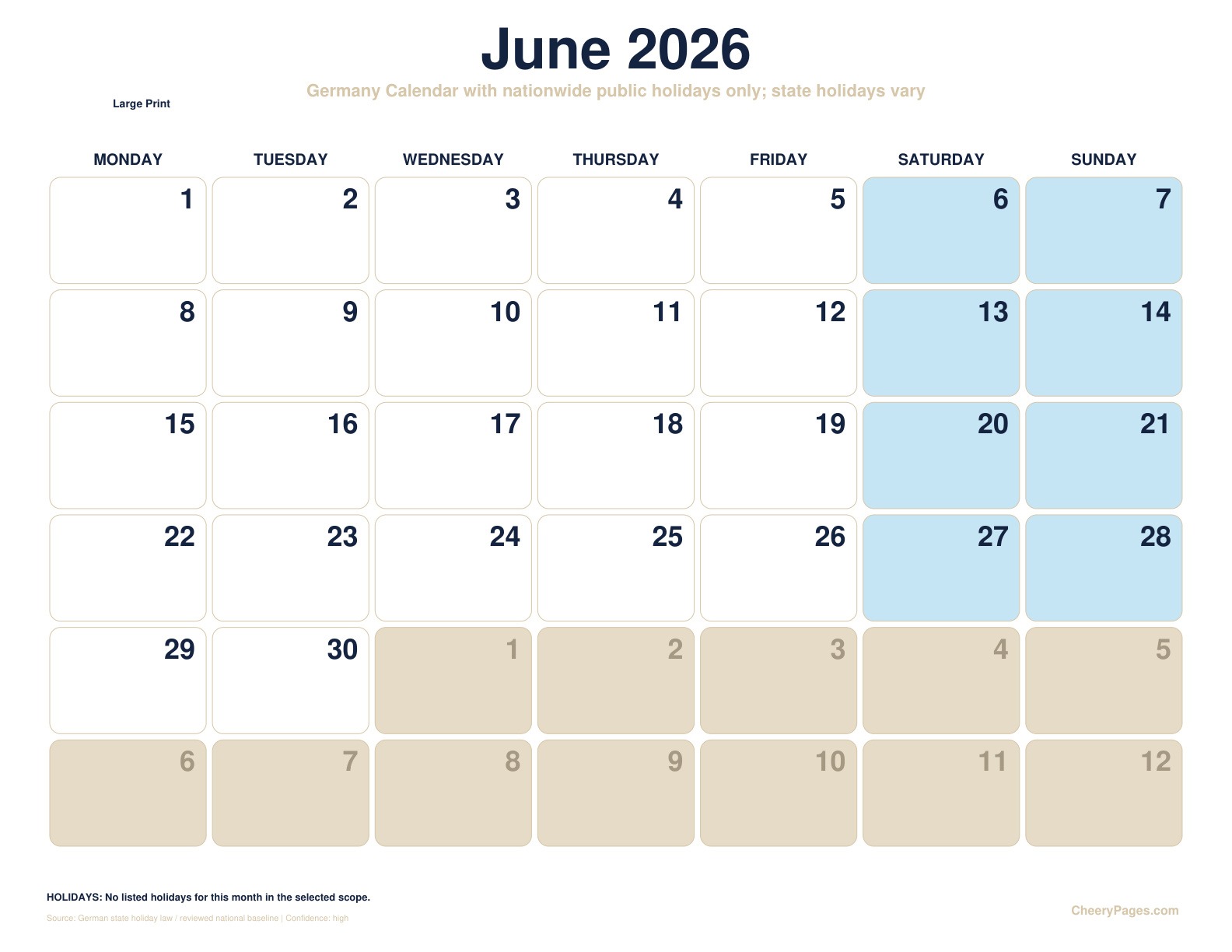 Germany June 2026 Calendar - Large Print printable preview