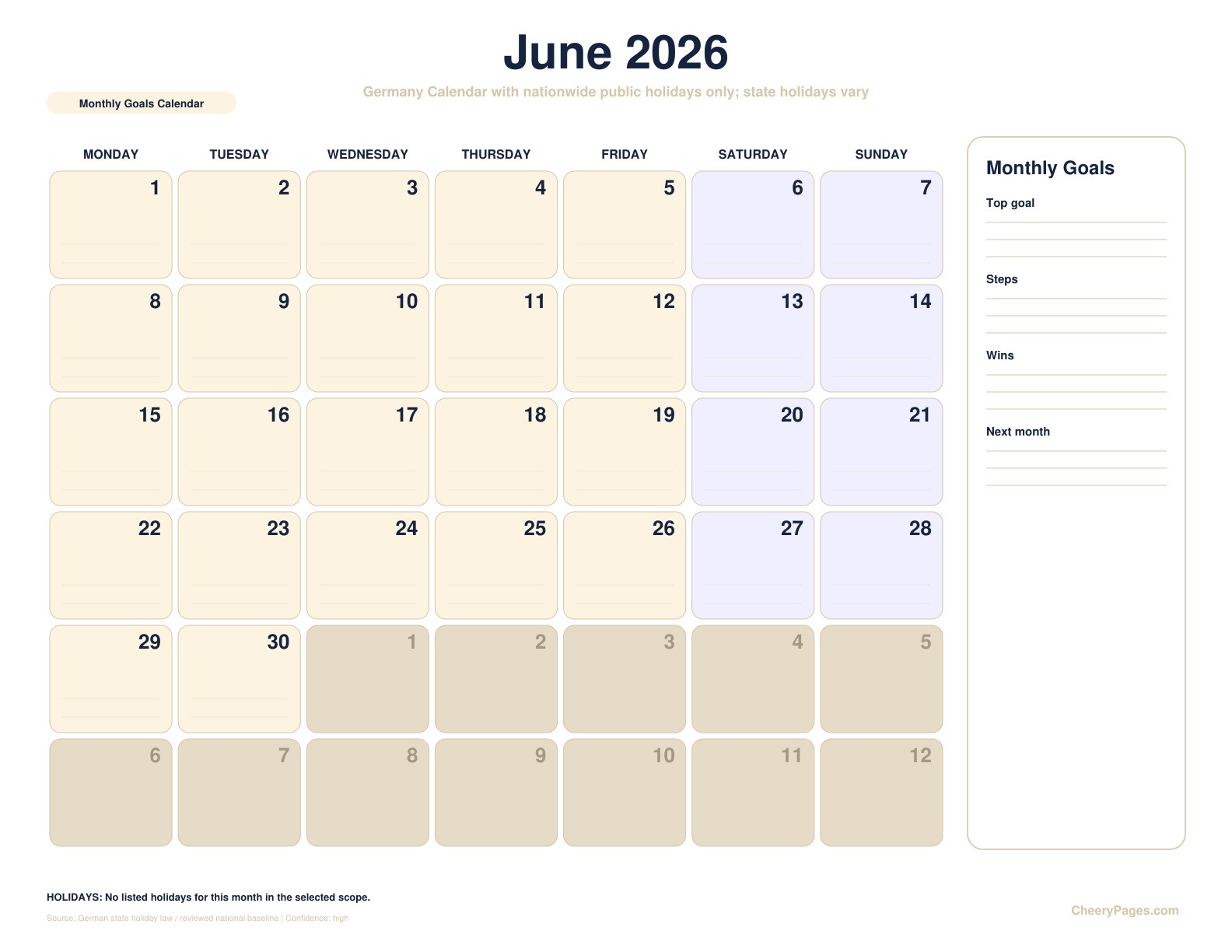 Germany June 2026 Calendar - Monthly Goals Calendar printable preview