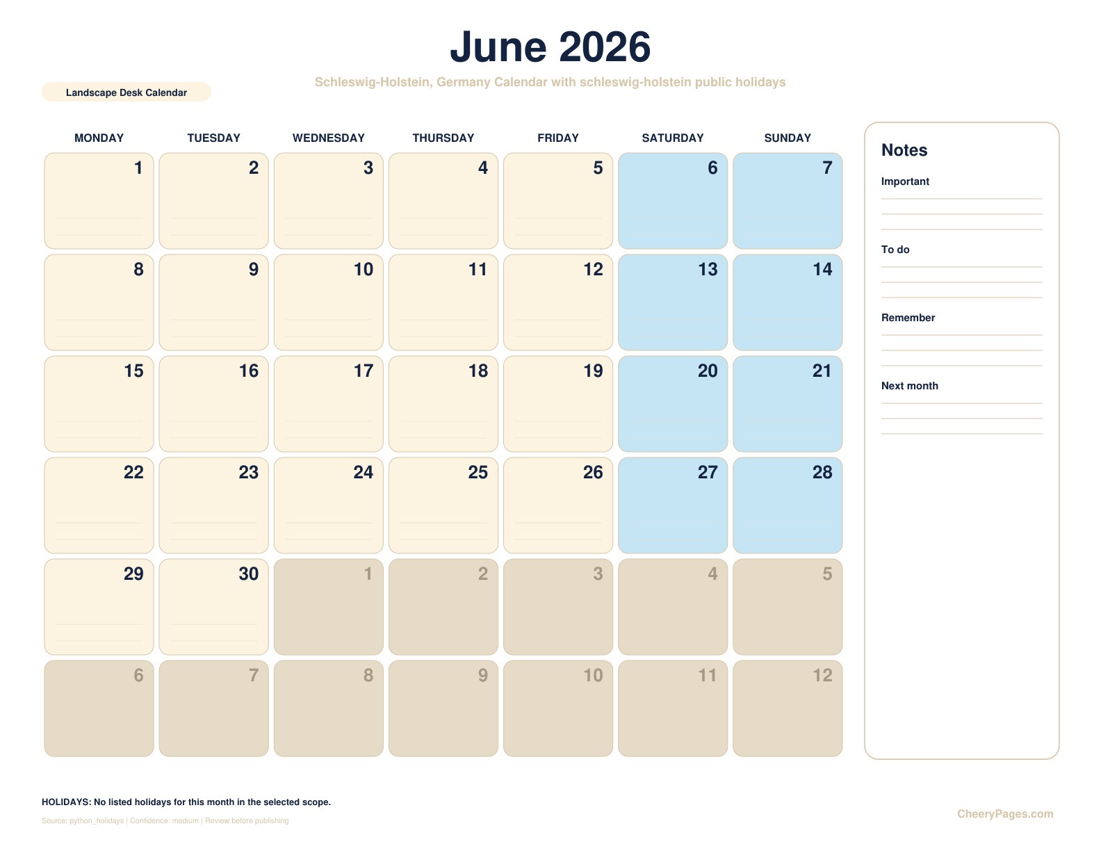 Schleswig-Holstein, Germany June 2026 Calendar - Landscape Desk Calendar printable preview