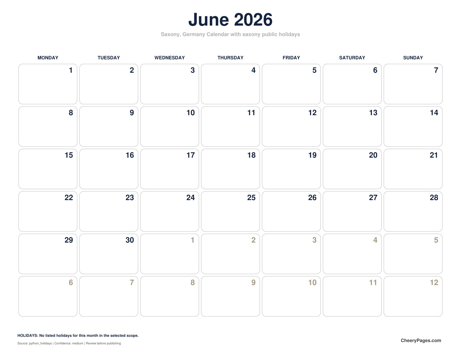 Saxony, Germany June 2026 Calendar - Minimal Ink printable preview