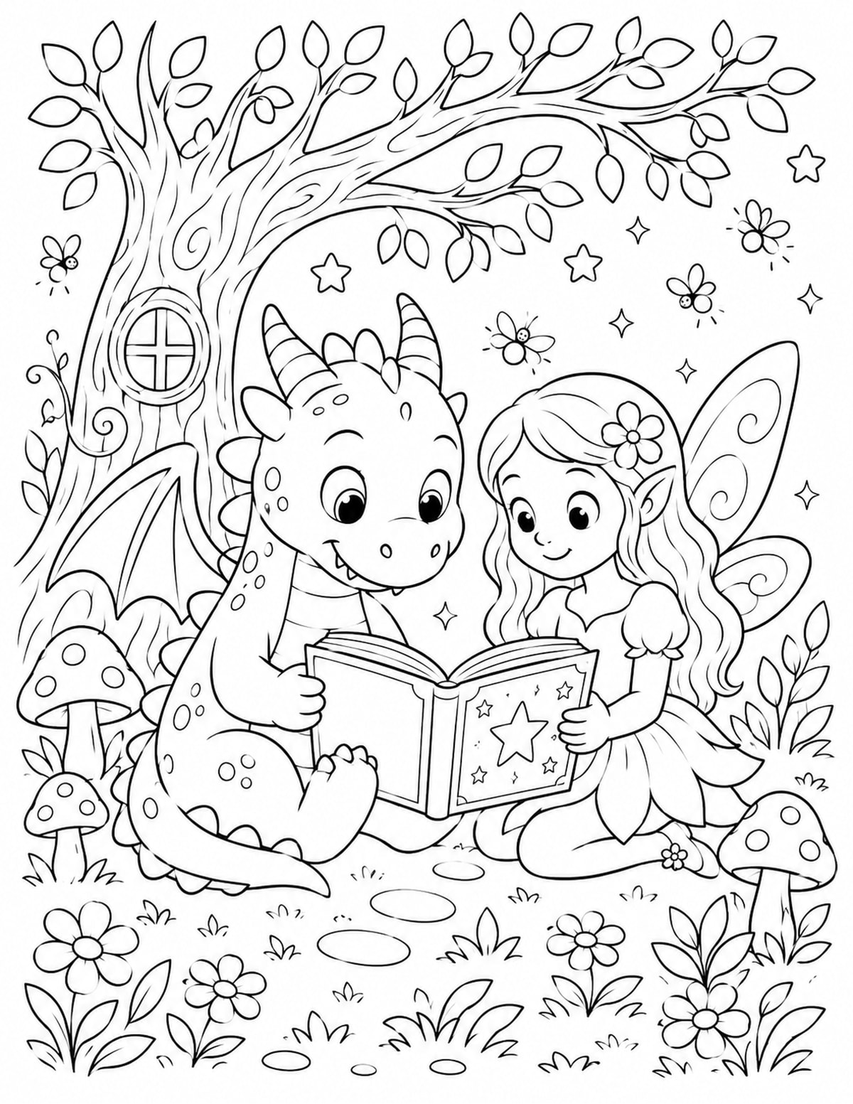 Dragon and Fairy Sharing a Magical Book under a Tree printable preview