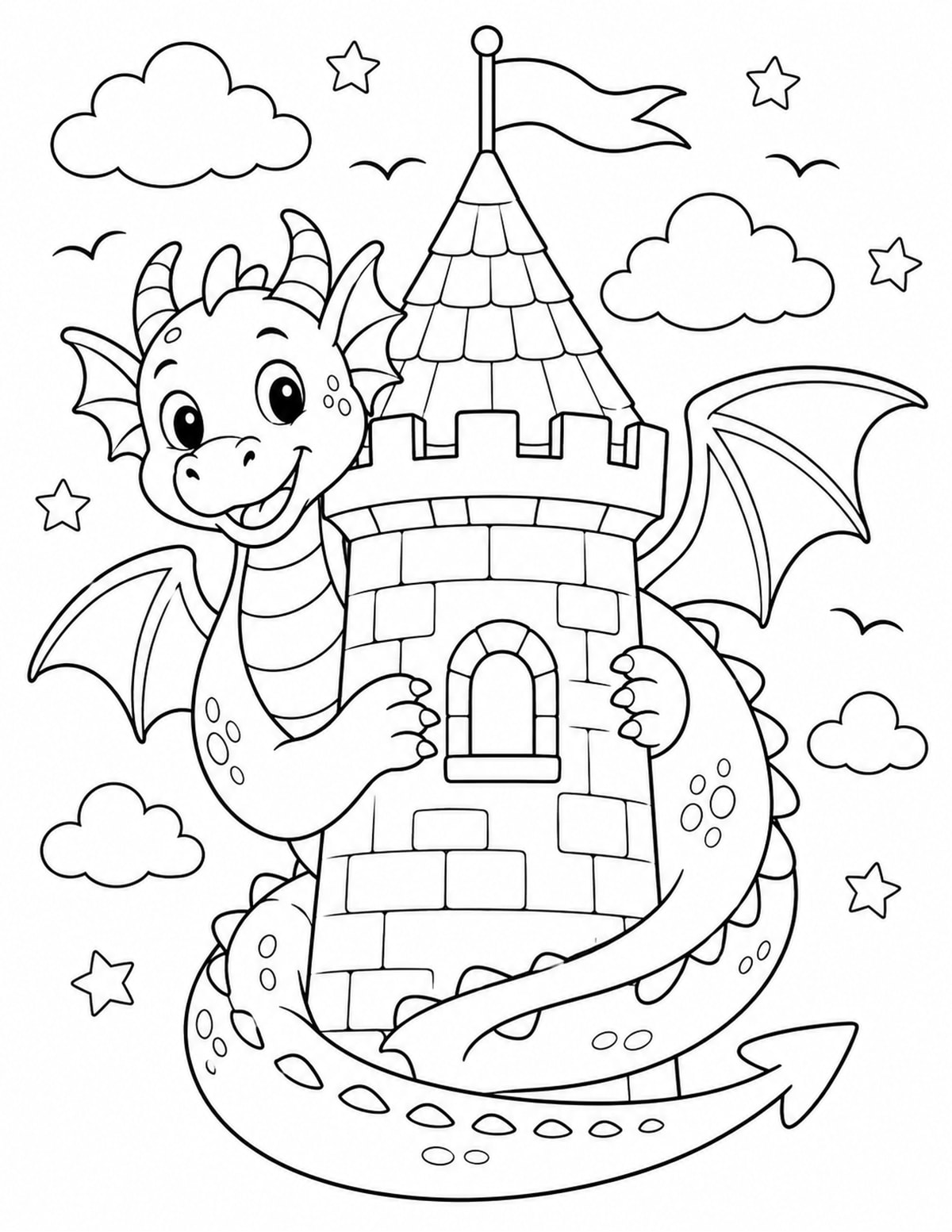 Dragon Curled around a Castle Tower in a Playful Friendly Pose printable preview