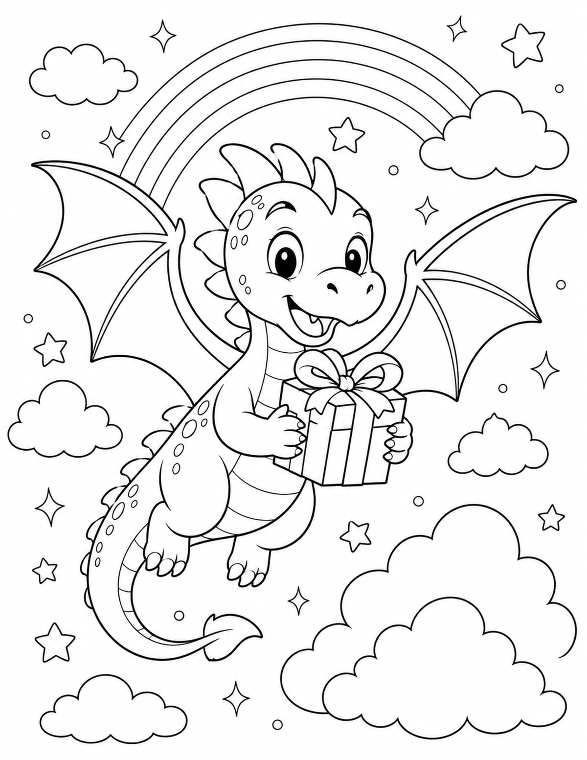 Dragon Flying While Carrying a Small Gift Box over Clouds printable preview