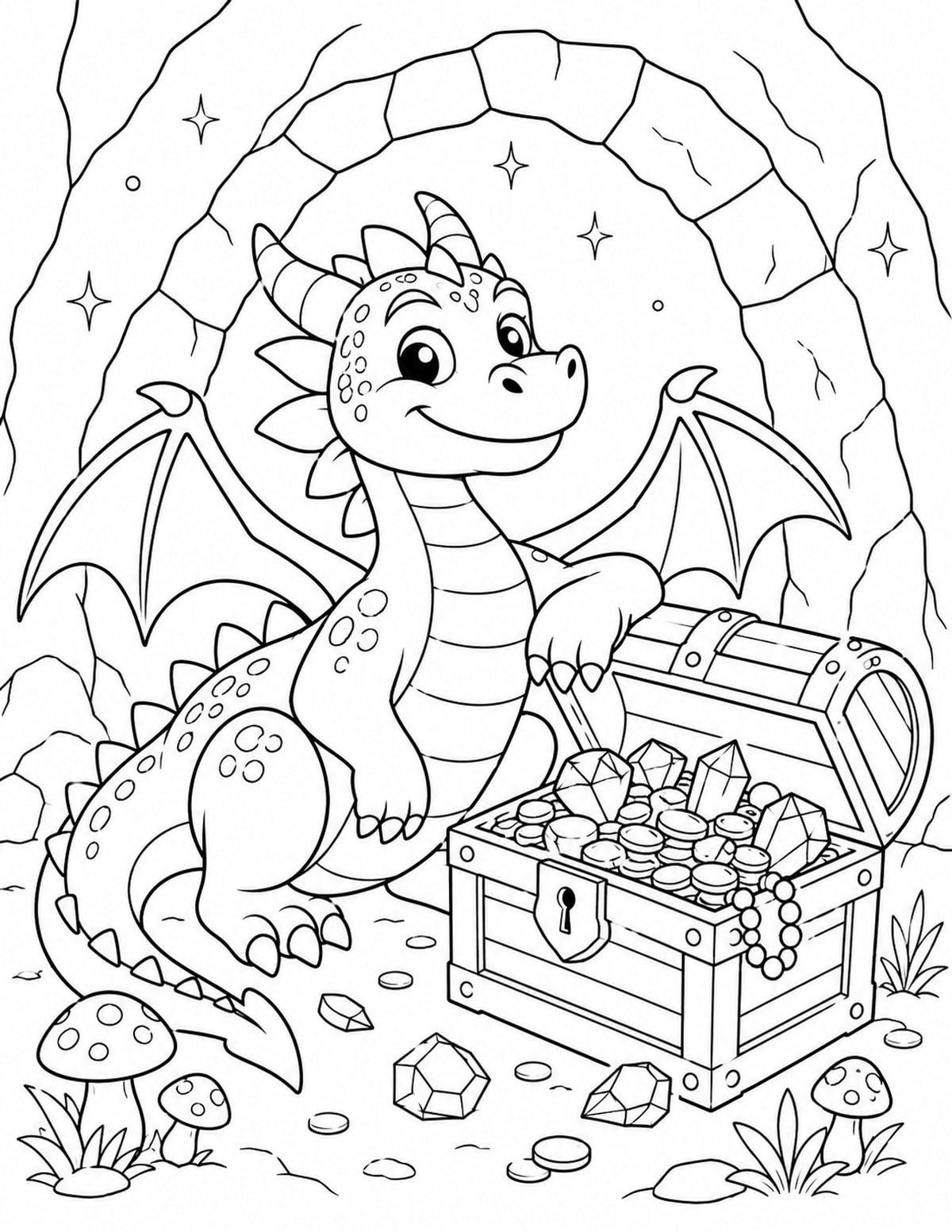 Dragon Sitting beside a Treasure Chest Filled printable preview