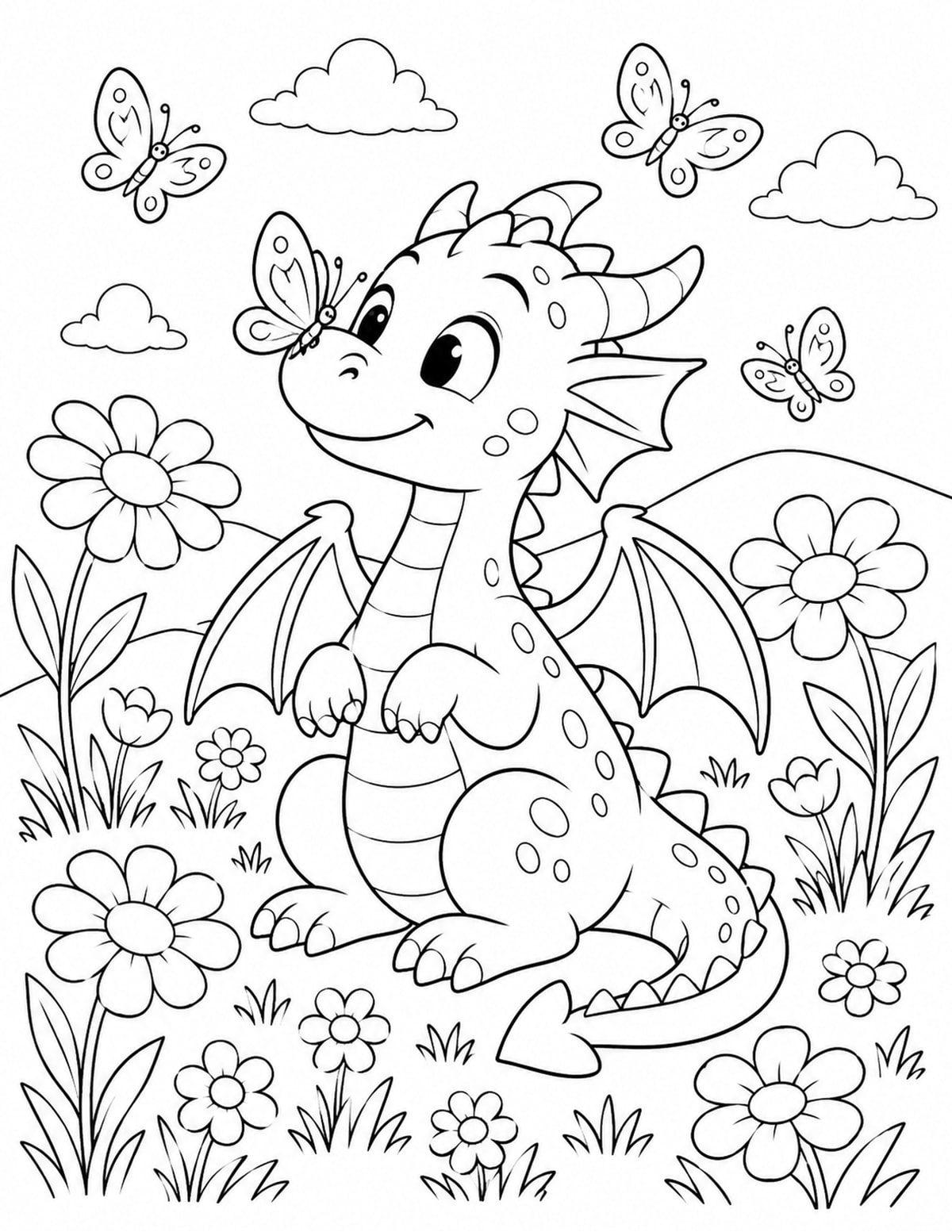 Dragon Sitting in a Flower Field printable preview