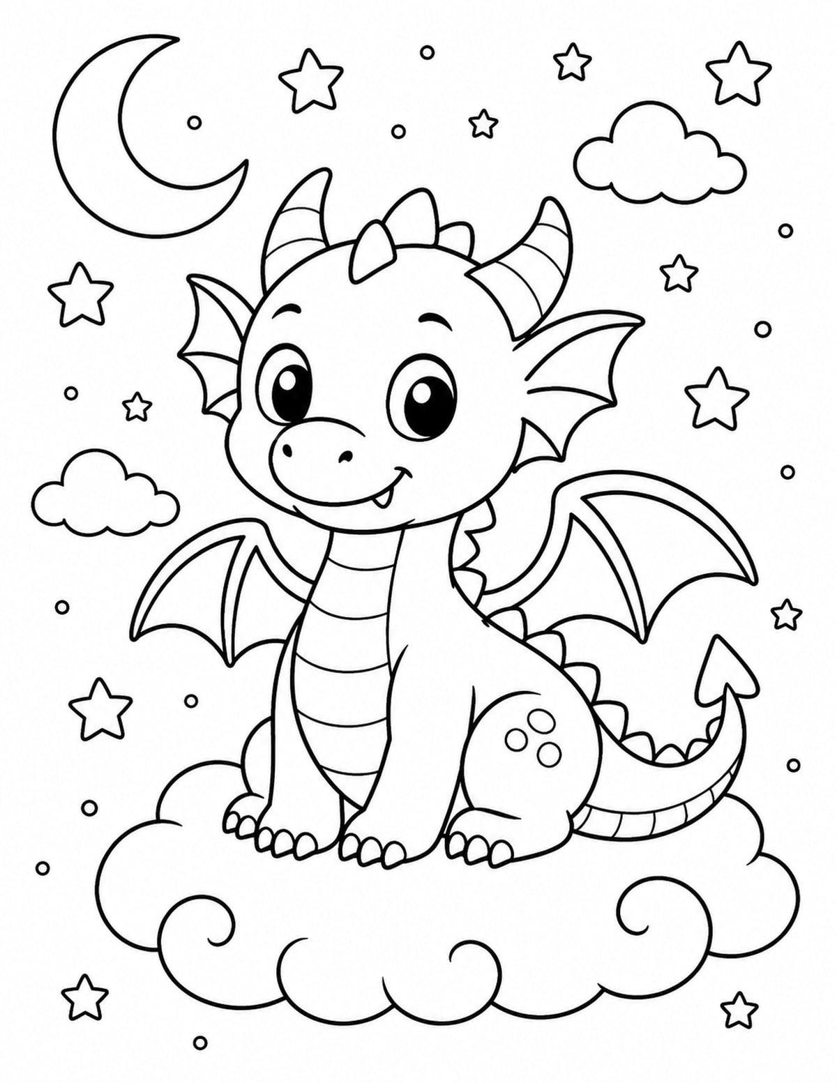 Dragon Sitting on a Cloud with Moon printable preview