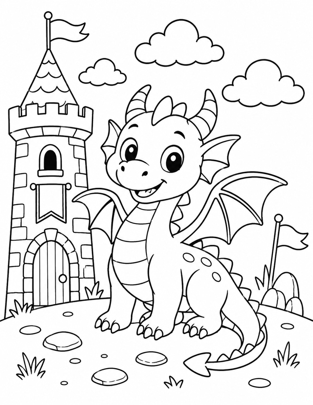 Dragon Standing near a Castle Tower printable preview