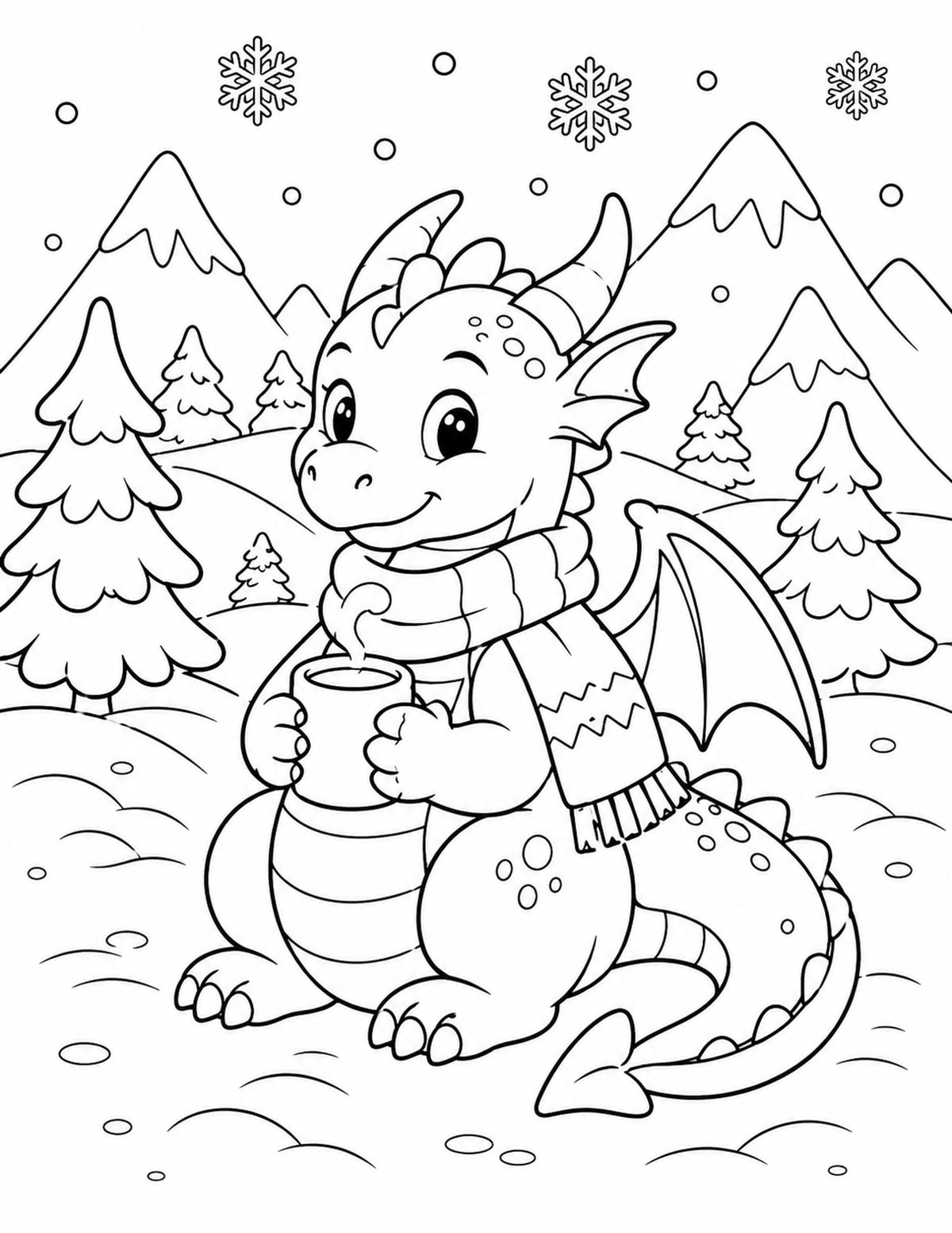 Dragon Wearing a Scarf in a Snowy Mountain Scene printable preview