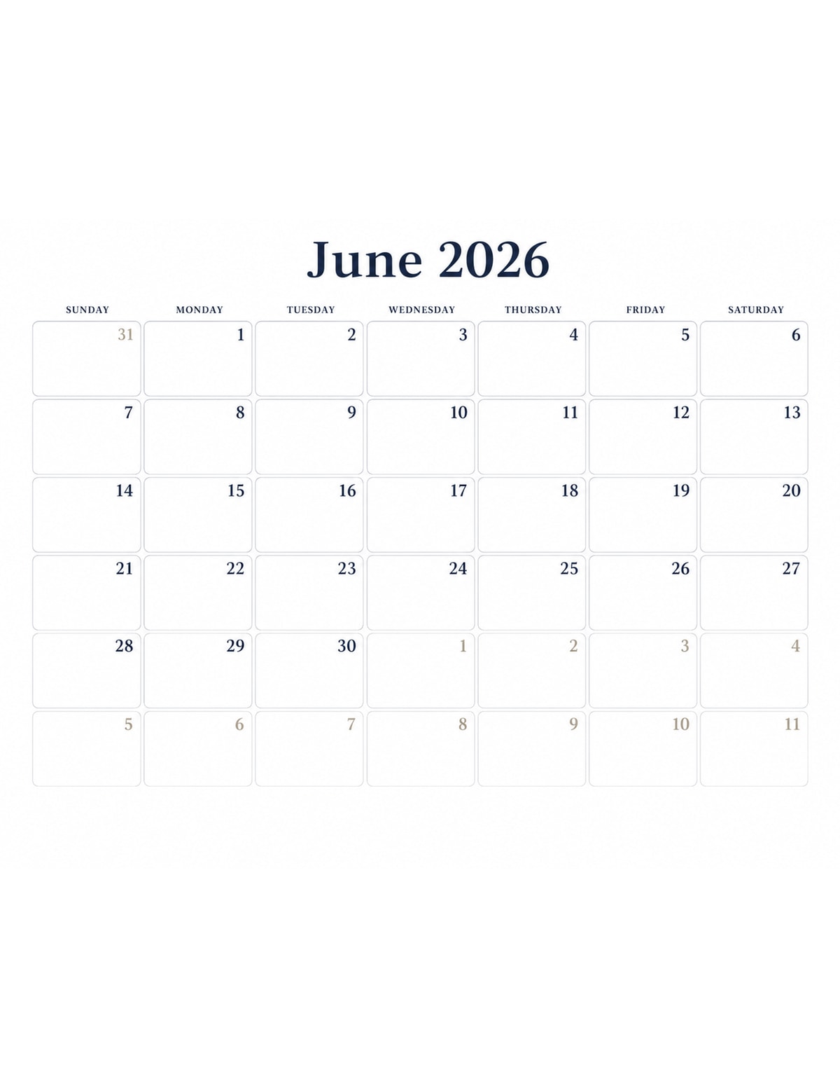 Elegant June 2026 Calendar printable preview