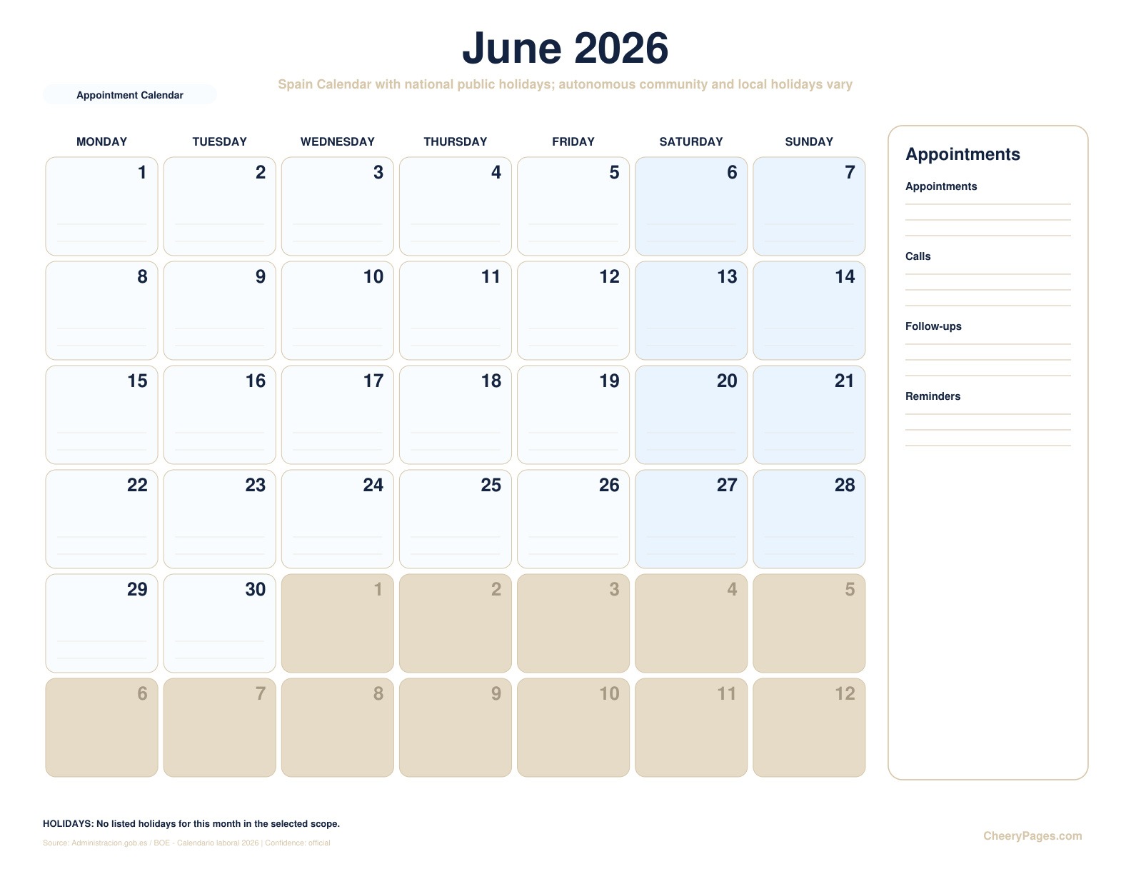 Spain June 2026 Calendar - Appointment Calendar printable preview