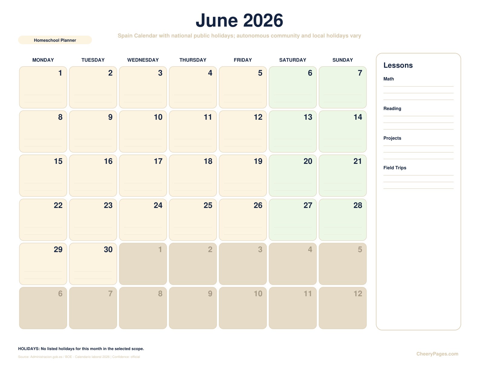 Spain June 2026 Calendar - Homeschool Planner printable preview