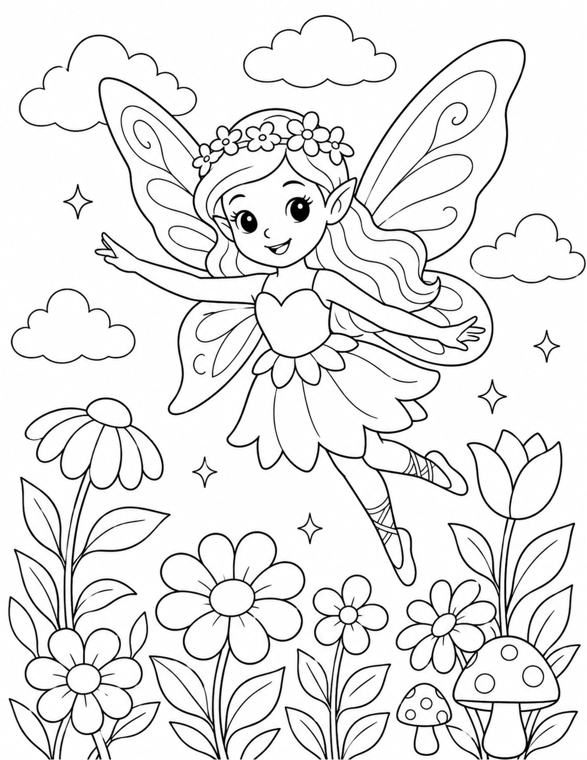 Fairy Flying Above a Flower Garden printable preview