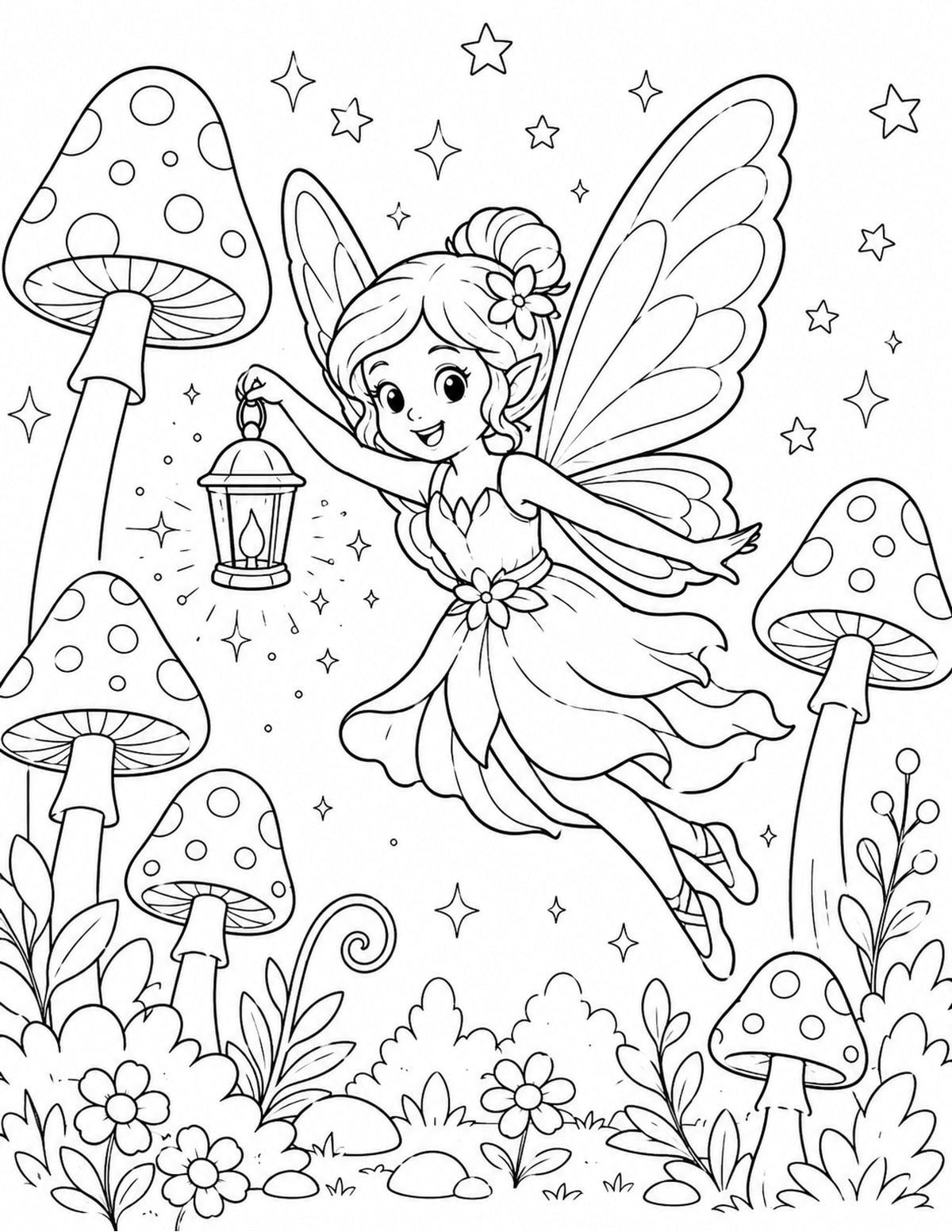 Fairy Flying While Carrying a Tiny Lantern Through a Mushroom Forest printable preview