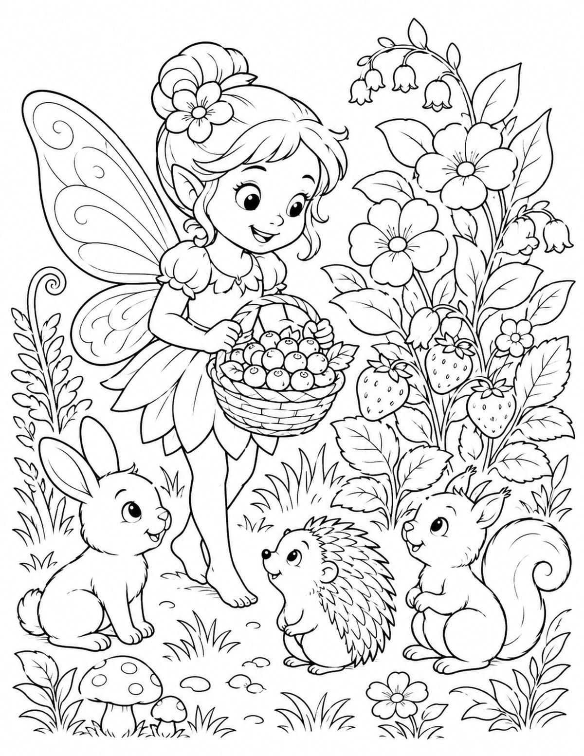 Fairy Holding a Basket of Berries beside Flowers and Little Woodland Animals printable preview