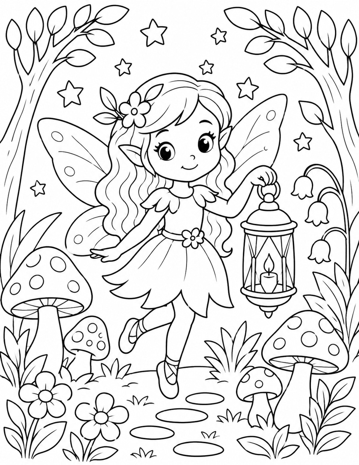Fairy Holding a Lantern in a Magical Forest printable preview