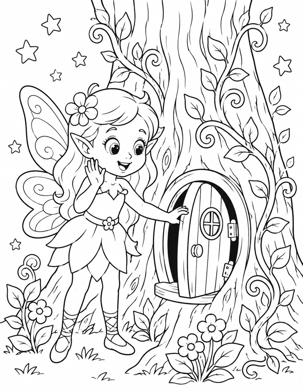 Fairy Opening a Tiny Door in a Tree Trunk printable preview