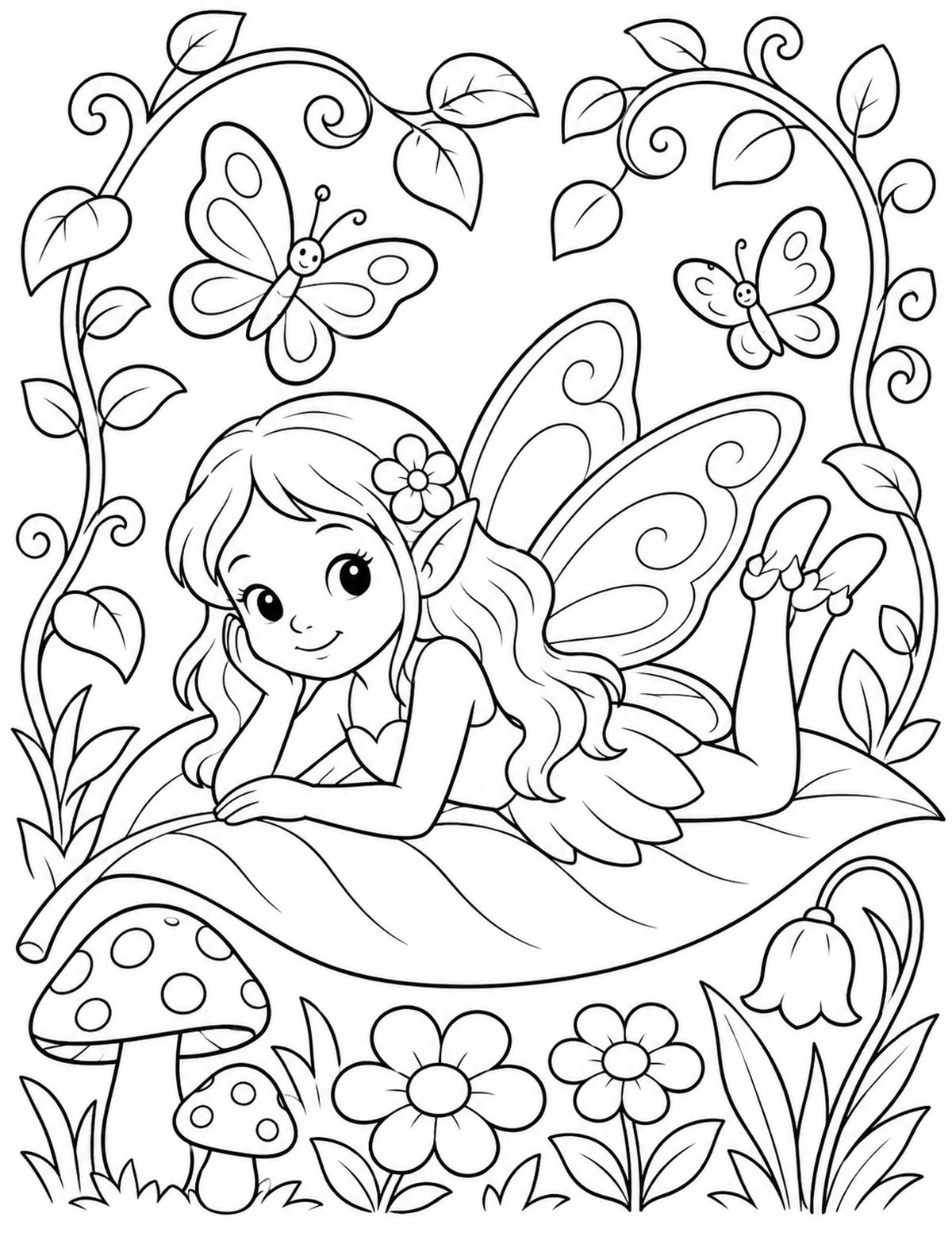 Fairy Resting on a Leaf with Butterflies printable preview