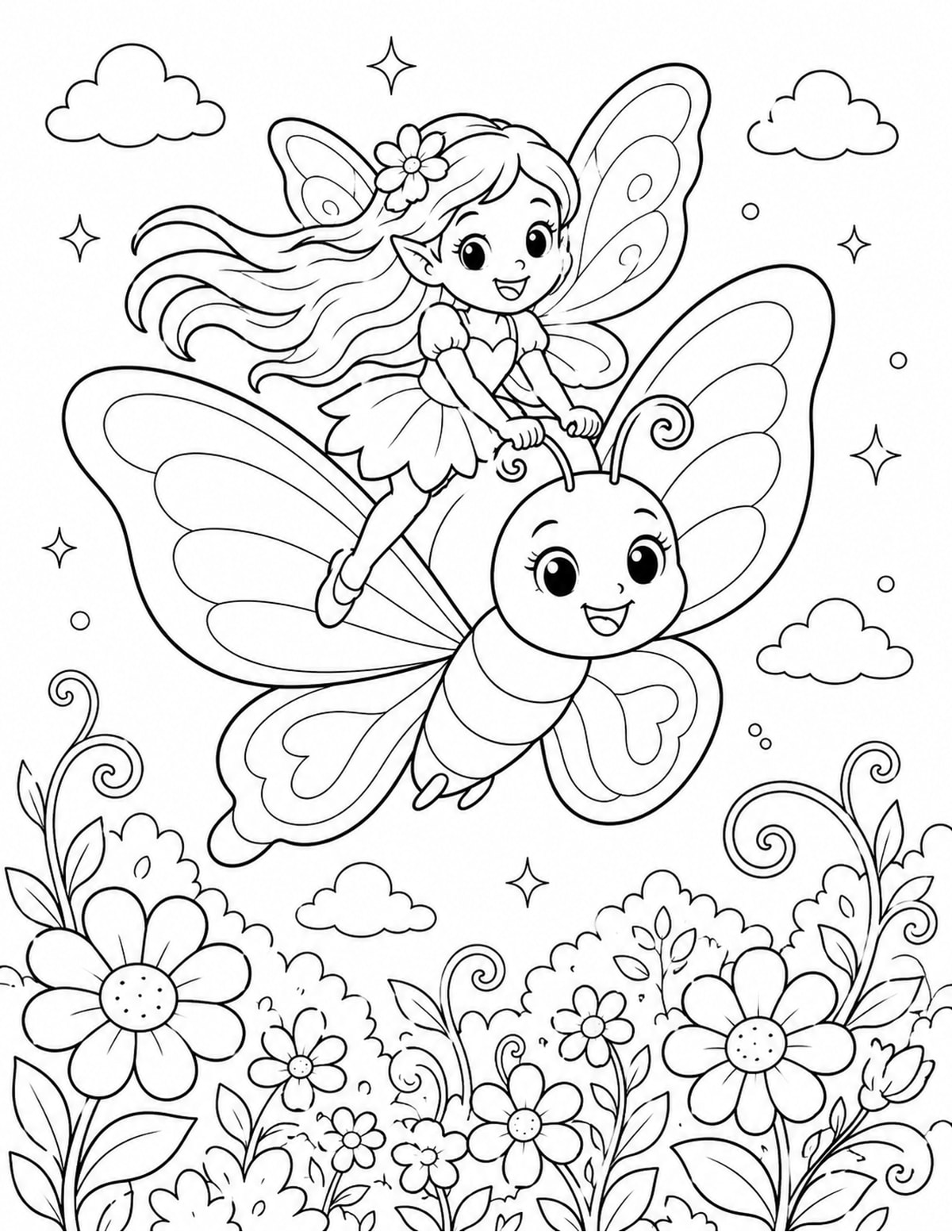Fairy Riding on the Back of a Friendly Butterfly Above a Garden printable preview