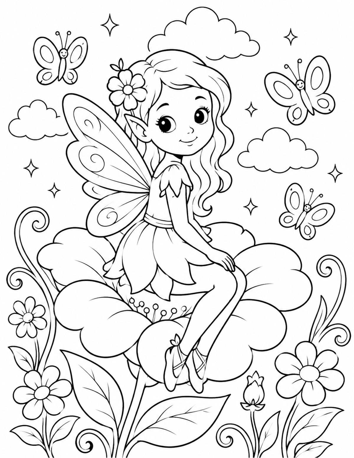 Fairy Sitting on a Large Flower Petal printable preview