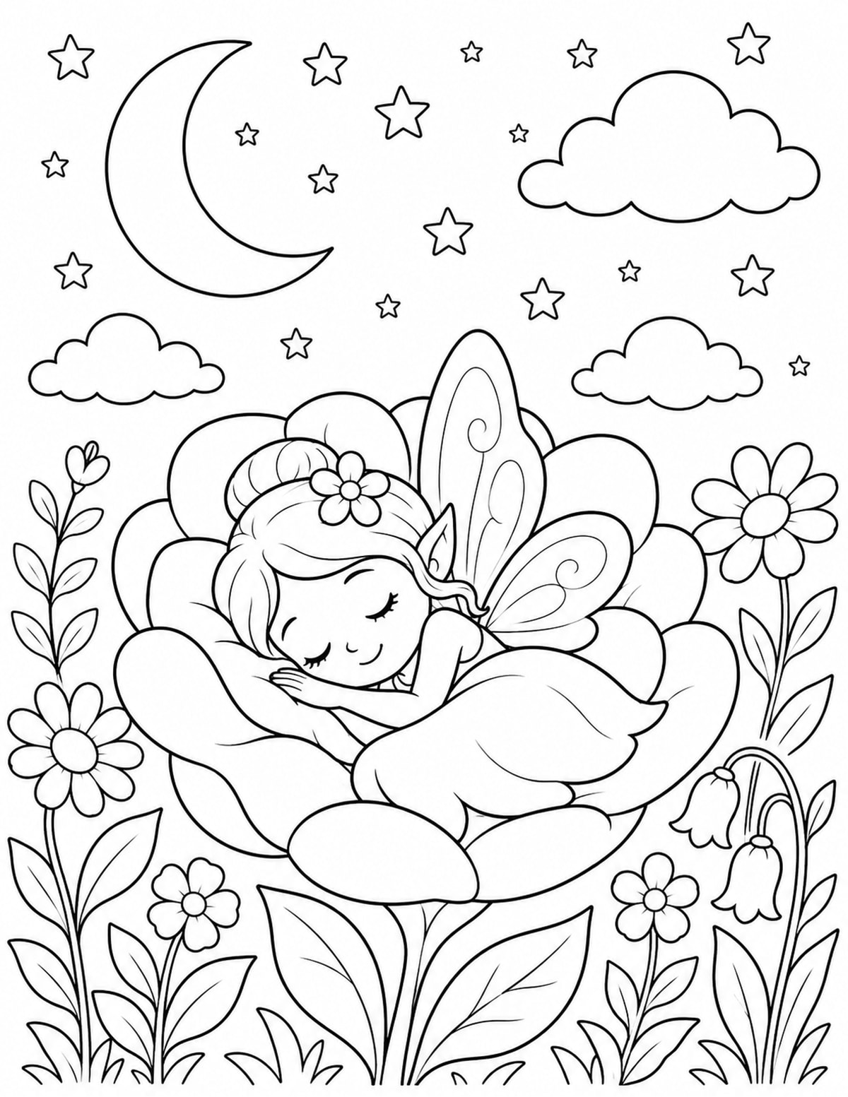 Fairy Sleeping in a Flower Bed under a Crescent Moon and Stars printable preview