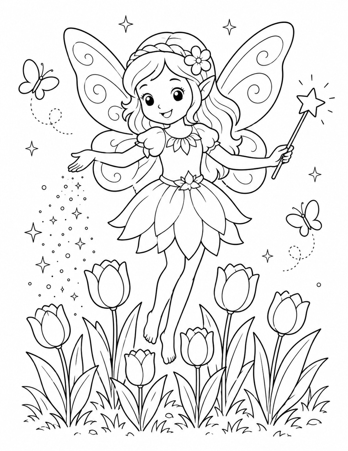 Fairy Sprinkling Magic Dust over a Small Garden of Tulips printable preview