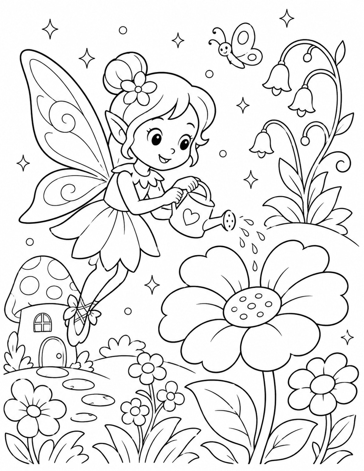 Fairy Watering Giant Flowers printable preview