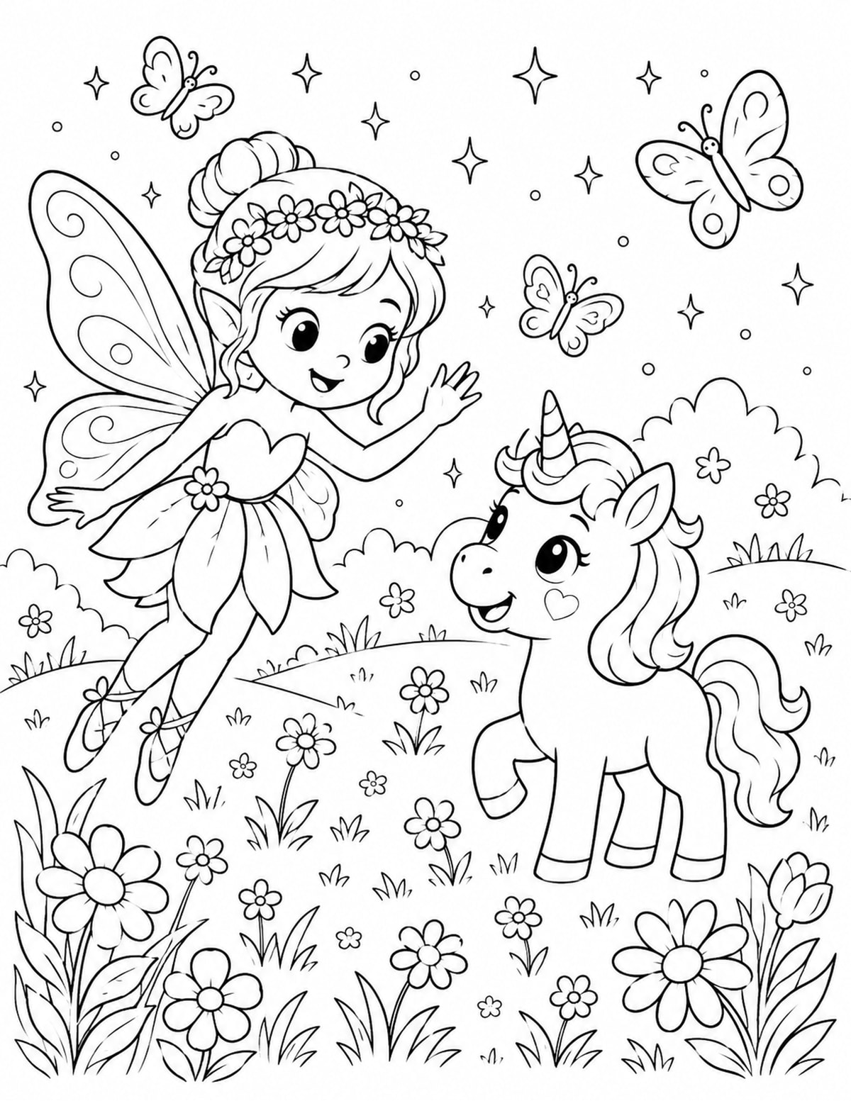 Fairy Waving to a Baby Unicorn in a Magical Meadow printable preview