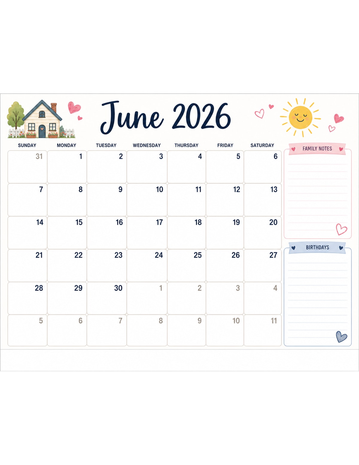 Family June 2026 Calendar printable preview