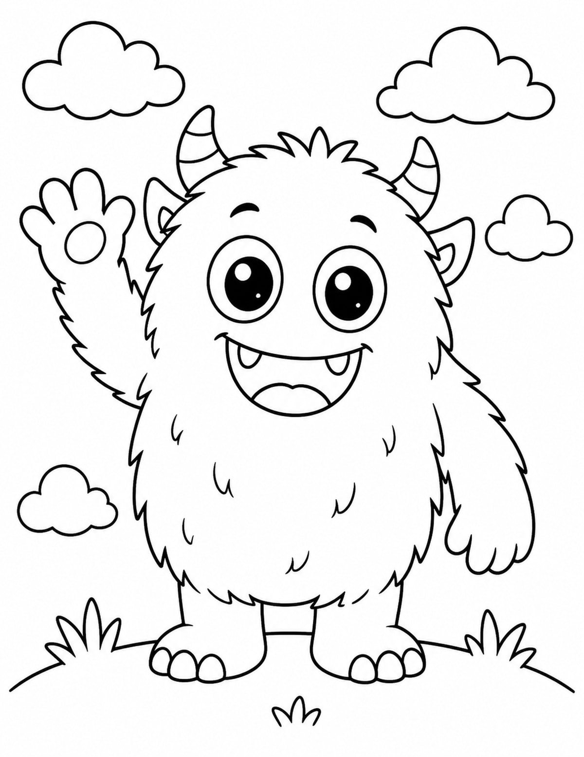 Fluffy Monster Waving with Big Eyes printable preview