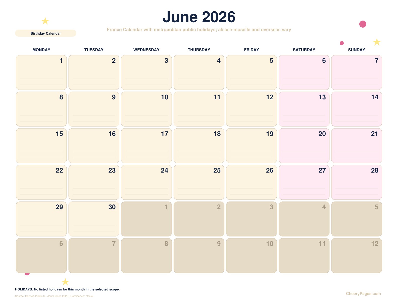 France June 2026 Calendar - Birthday Calendar printable preview