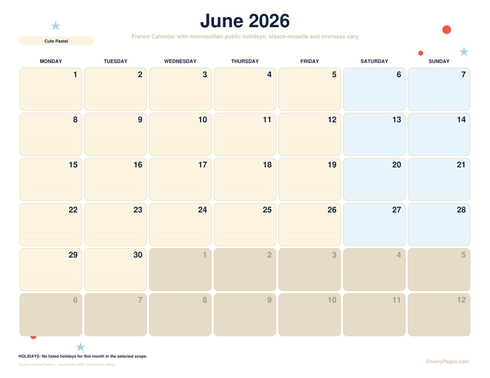 France June 2026 Calendar - Cute Pastel printable preview