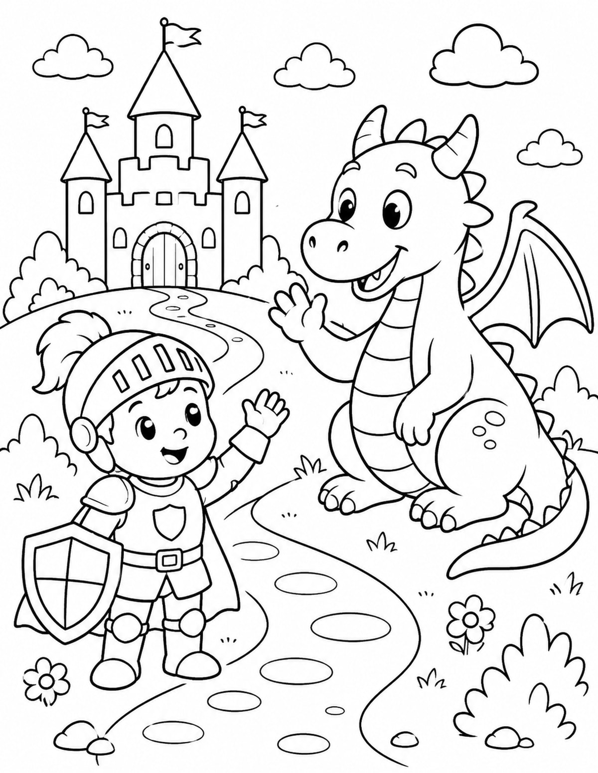 Friendly Dragon and Knight Waving at Each Other near a Castle Path printable preview