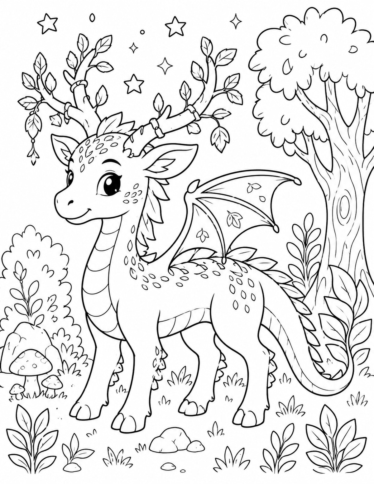 Friendly Forest Dragon-deer Creature with Antlers printable preview