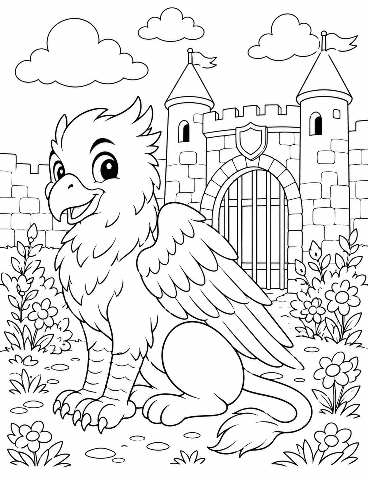 Friendly Griffin Sitting beside a Castle Gate printable preview