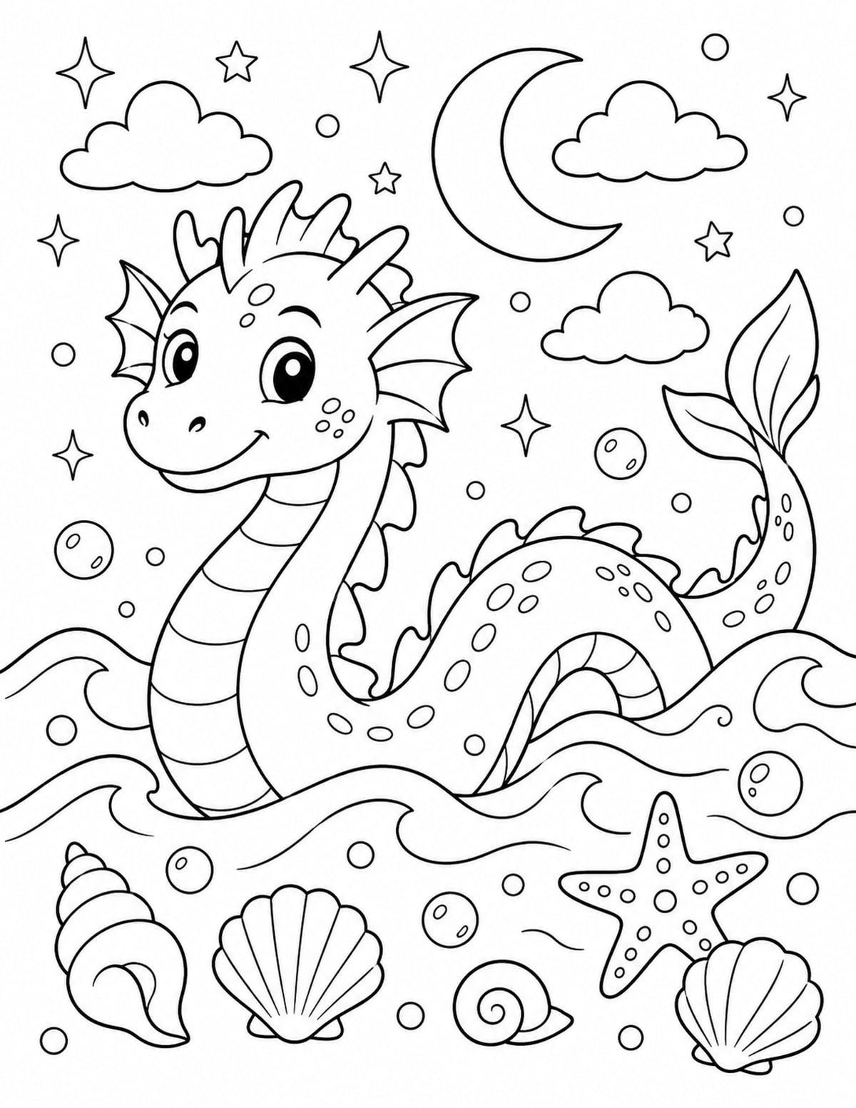 Friendly Sea Serpent Swimming Through Waves printable preview