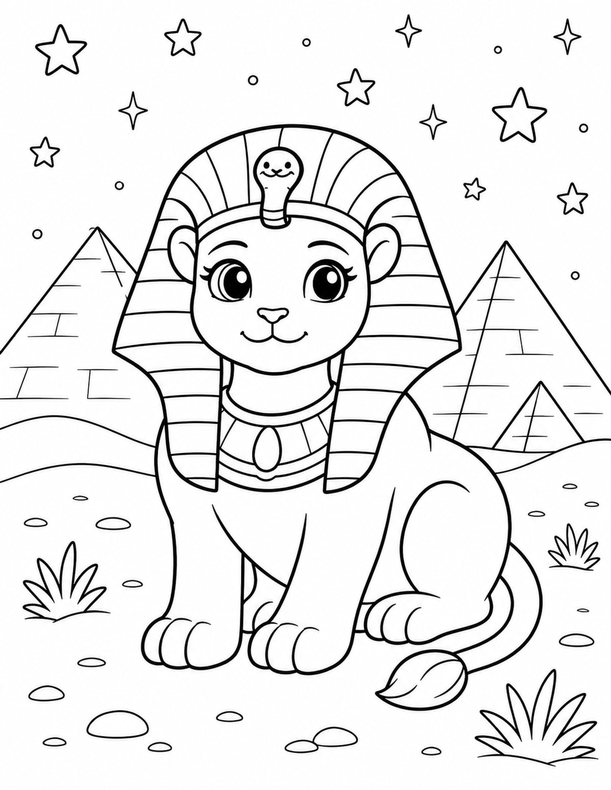 Friendly Sphinx Sitting near Simple Desert Pyramids and Stars printable preview