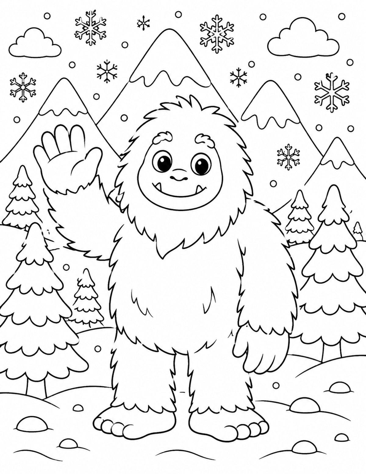 Friendly Yeti Standing in Snowy Mountains printable preview