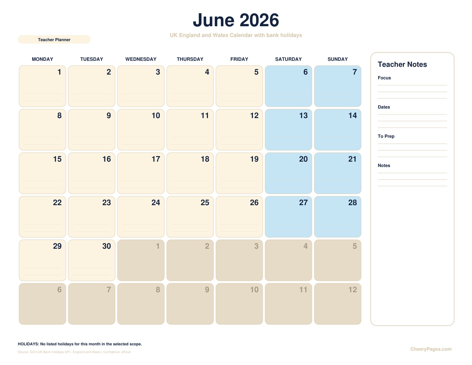 UK England and Wales June 2026 Calendar - Teacher Planner printable preview