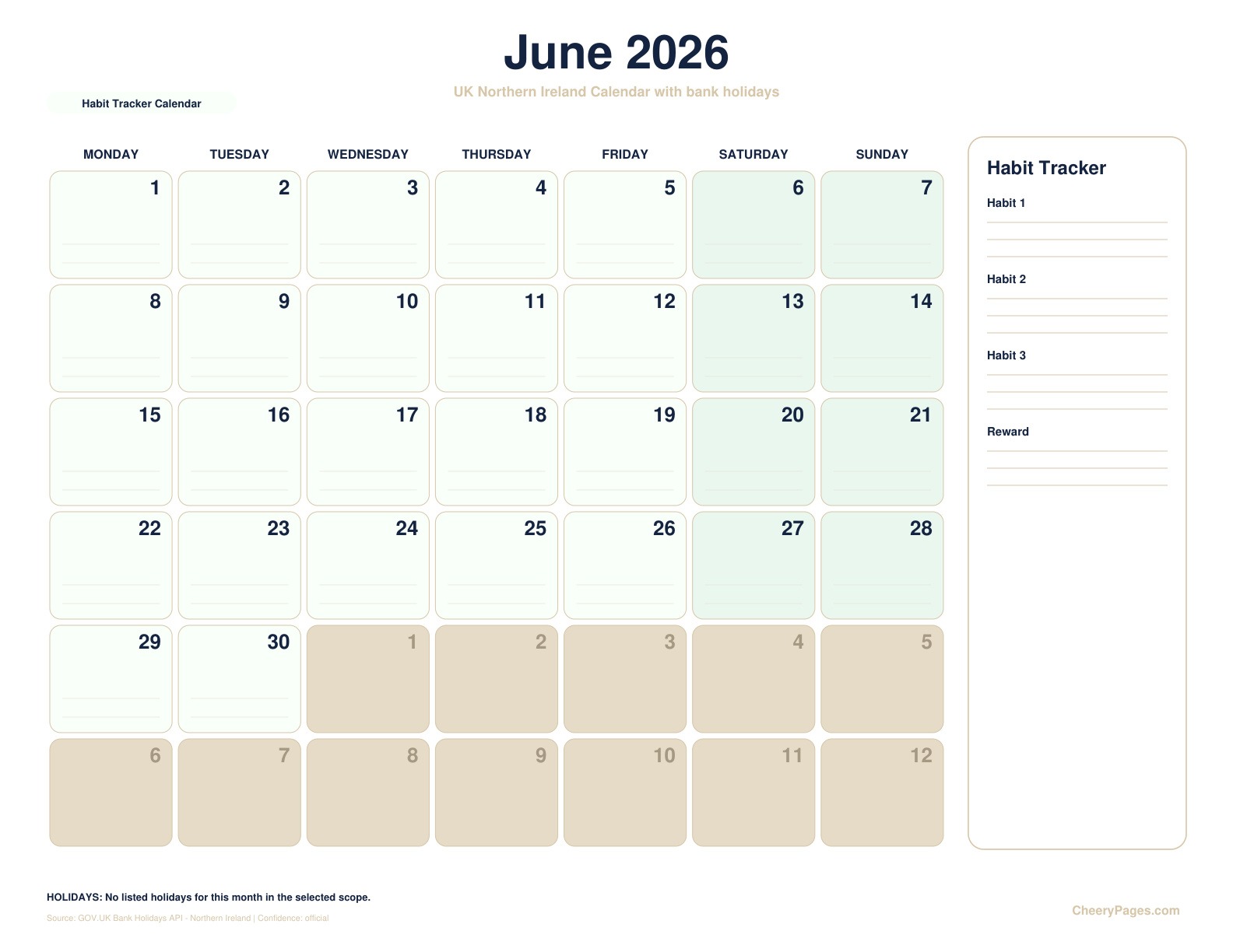 UK Northern Ireland June 2026 Calendar - Habit Tracker Calendar printable preview