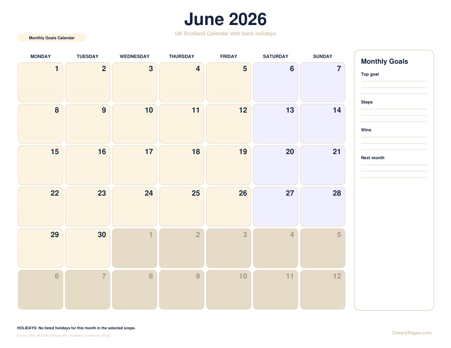 UK Scotland June 2026 Calendar - Monthly Goals Calendar printable preview
