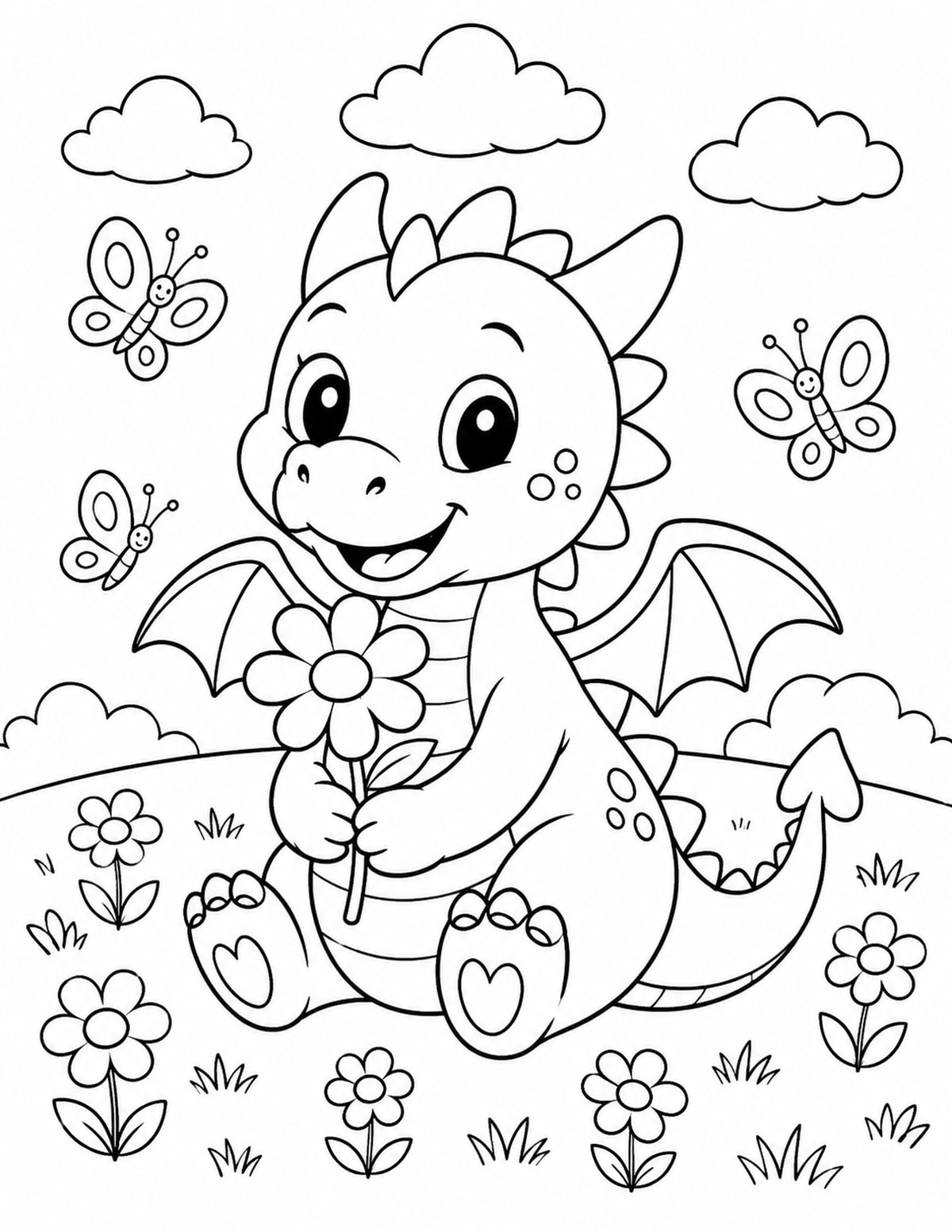 Happy Dragon Holding a Flower in a Meadow printable preview