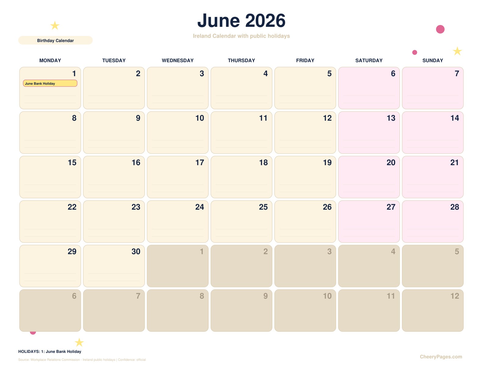 Ireland June 2026 Calendar - Birthday Calendar printable preview